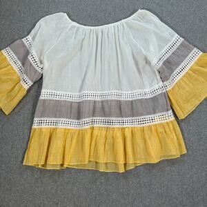 Kaktus Off Shoulder Peasant Top Womens Large Lace Color Block Flounce 3/4 Sleeve